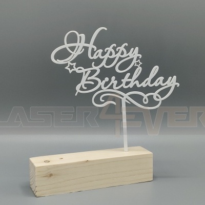 Decoração de madeira com topper acrílico branco 'Happy Birthday'