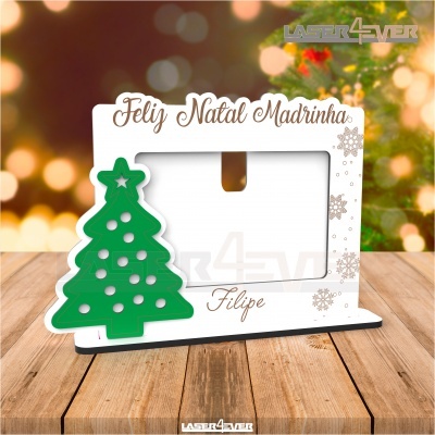 Moldura de fotografia de Natal branca com árvore de Natal verde e texto em português