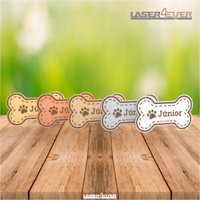 Placas para cães em forma de osso com nome Júnior e ícone de pata