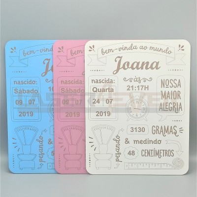 Placas decorativas de nascimento em azul, rosa e branco com texto detalhado sobre nascimento