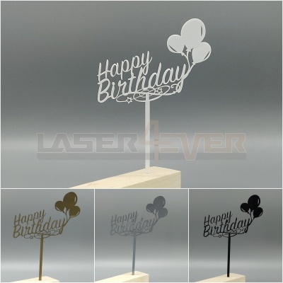 Topper de bolo acrílico com texto Happy Birthday e balões em várias cores
