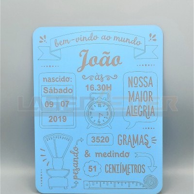 Placa azul de nascimento com texto e ilustrações em castanho claro