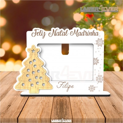 Porta-fotografia de Natal decorado em madeira com texto em português.
