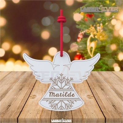 Ornamento de Natal em forma de sino branco com inscrição Matilde e cordão vermelho