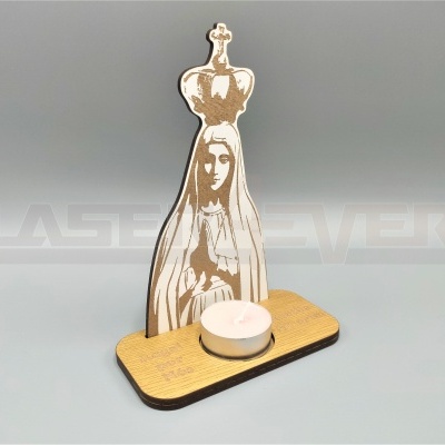 Porta-vela em madeira com imagem da Virgem Maria e vela tealight
