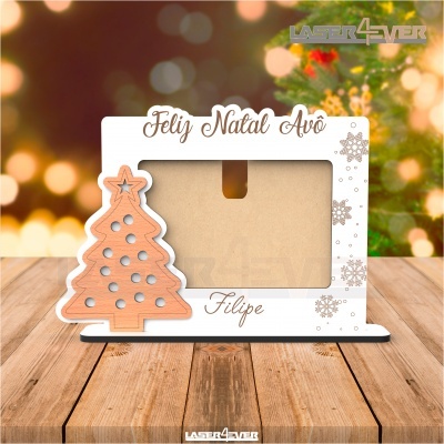 Moldura de fotografia de Natal com árvore em madeira e texto personalizado