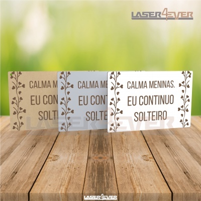 Três placas MDF com texto 'CALMA MENINAS. EU CONTINUO SOLTEIRO' e padrão de ramos, sobre madeira rústica