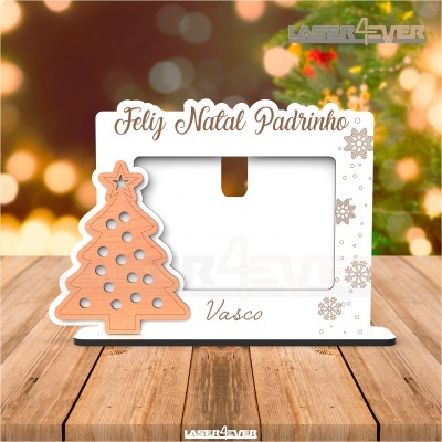 Porta-fotos decorativo de Natal com árvore e texto em madeira e branco