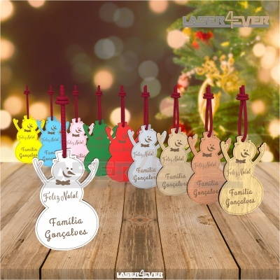 Ornamentos de Natal em forma de bonecos de neve em várias cores com texto gravado