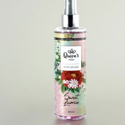 Frasco spray corporal Queen's Sweet Licorice com rótulo floral