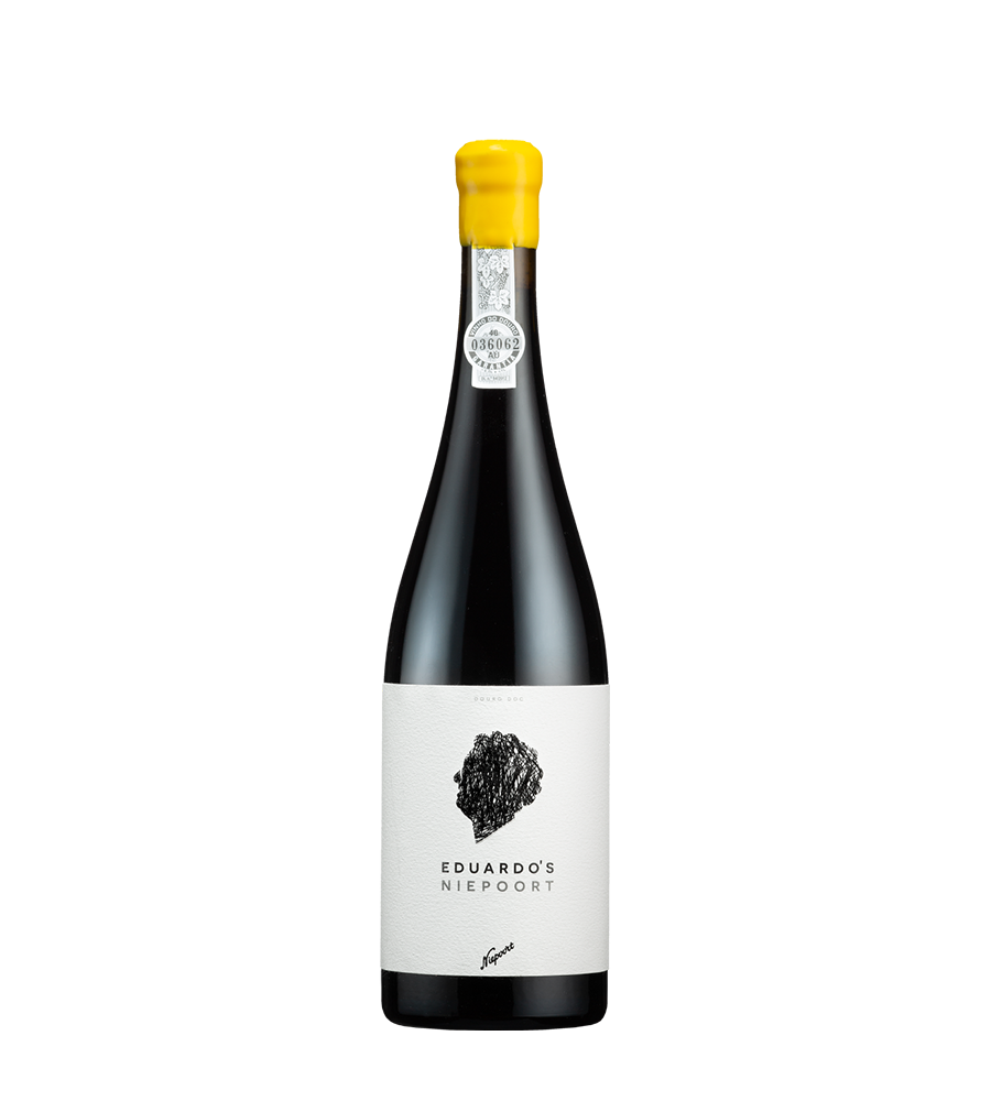 Garrafa de vinho tinto Eduardo's Niepoort com rolha amarela e rótulo branco