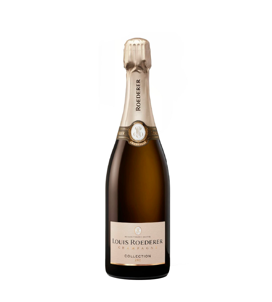 Garrafa de champanhe Louis Roederer Collection com rótulo branco e cápsula dourada