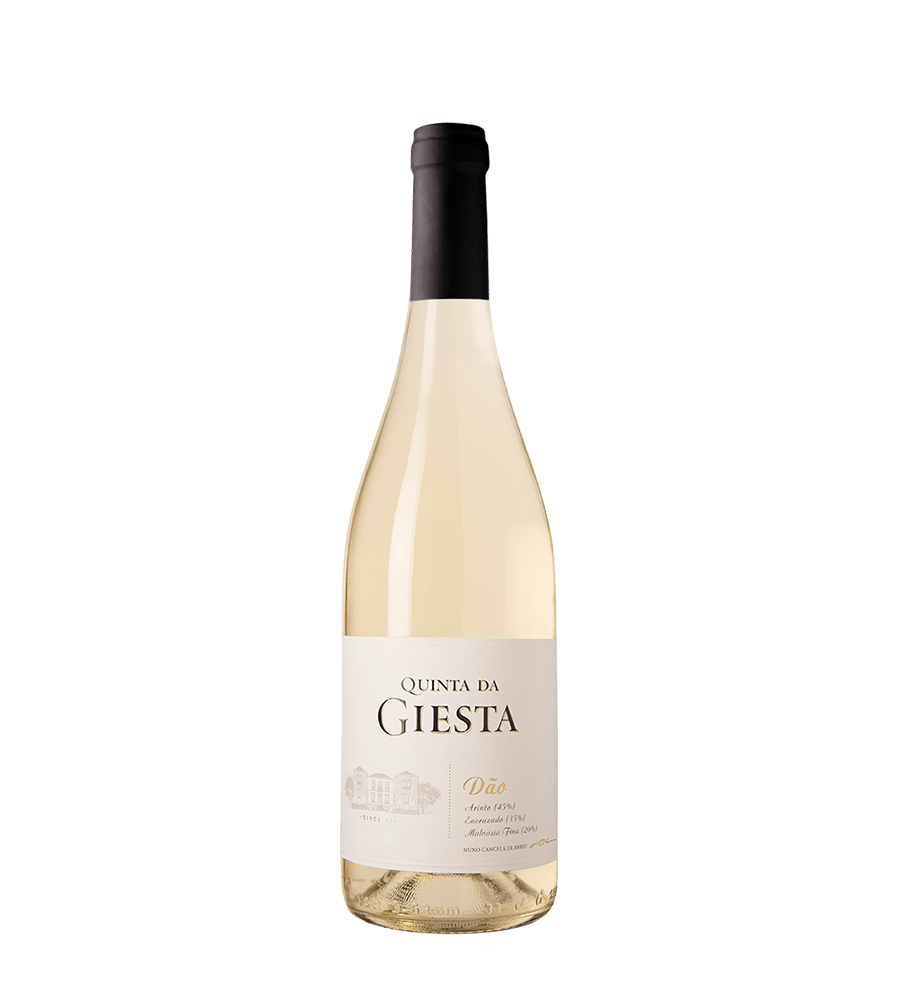 Garrafa de vinho branco Quinta da Giesta com rótulo branco e cápsula preta