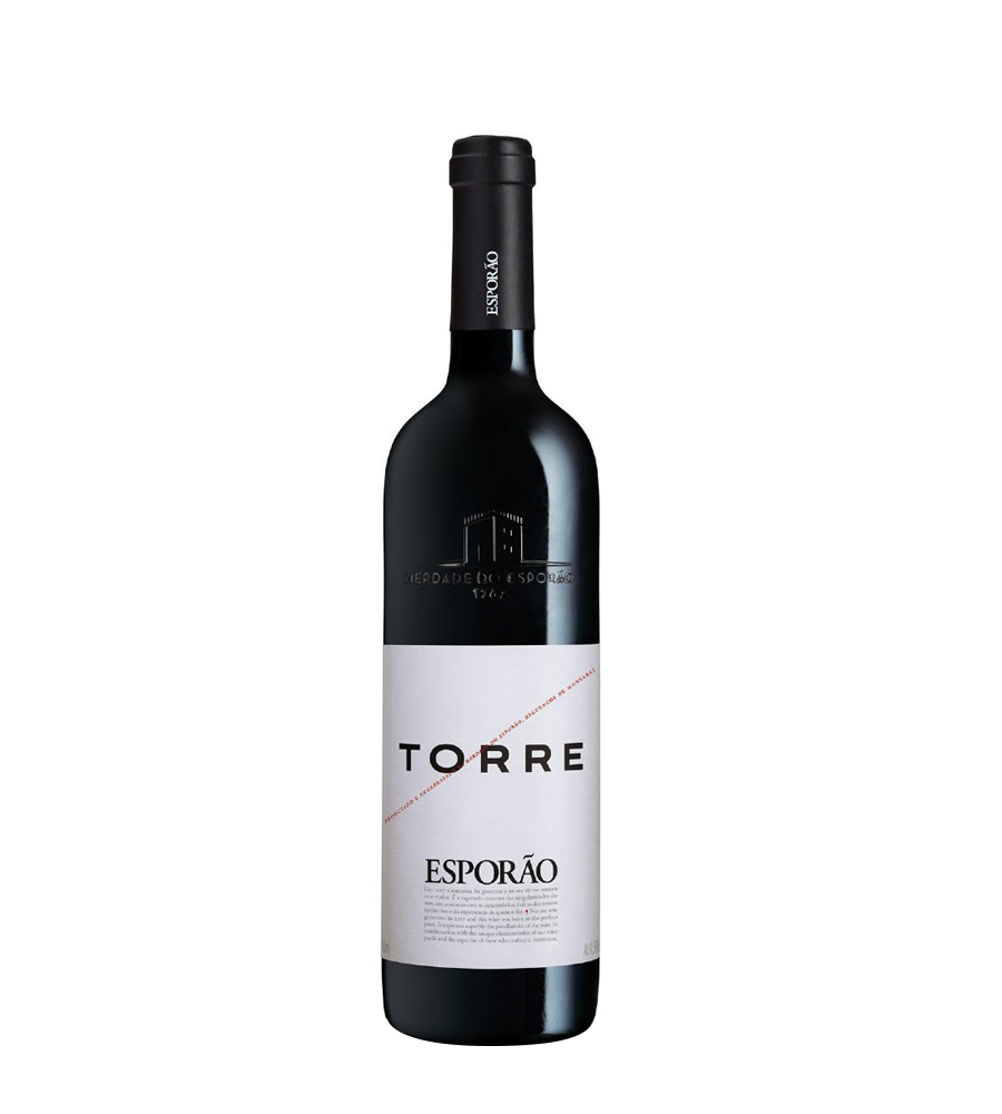 Garrafa de vinho tinto Esporão Torre com rótulo branco e texto preto e vermelho