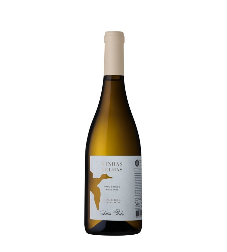 Garrafa de vinho branco com rótulo branco e pássaro dourado