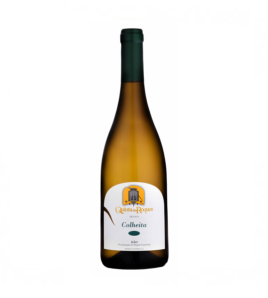 Garrafa de vinho branco Quinta dos Roques Branco Colheita com rótulo branco e verde