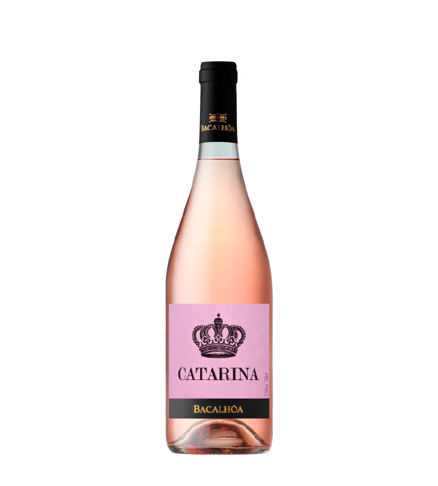 Garrafa de vinho rosé com rótulo rosa e detalhes em preto e dourado