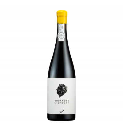 Garrafa de vinho tinto Eduardo's Niepoort com rolha amarela e rótulo branco