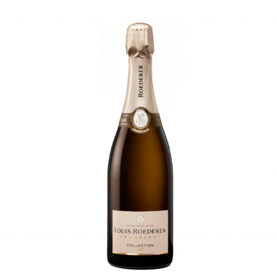 Garrafa de champanhe Louis Roederer Collection com rótulo branco e cápsula dourada