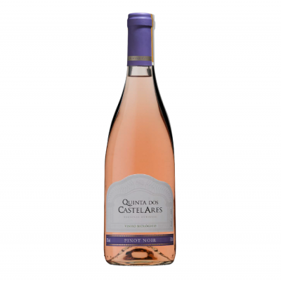 Garrafa de vinho rosé Quinta dos Castelares Pinot Noir com rótulo branco e tampa roxa