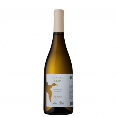 Garrafa de vinho branco com rótulo branco e pássaro dourado