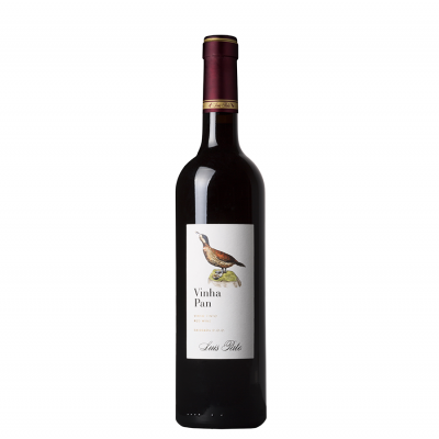 Garrafa de vinho tinto Vinha Pan com rótulo branco e pássaro desenhado