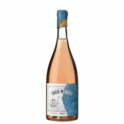 Garrafa de vinho rosé com rótulo azul e branco Hugo Mendes
