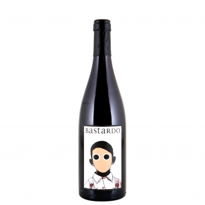 Garrafa de vinho com rótulo branco e ilustração de figura humana com olhos grandes