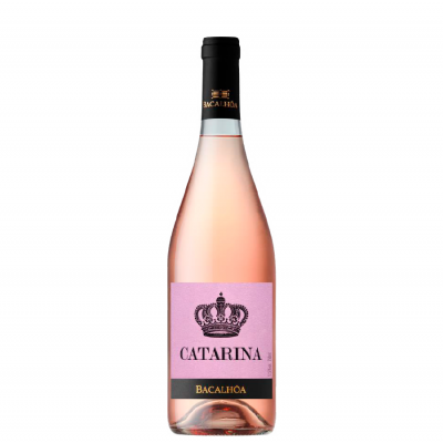 Garrafa de vinho rosé com rótulo rosa e detalhes em preto e dourado