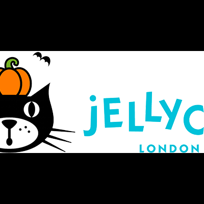 Logótipo de gato preto com abóbora e texto Jellycat London