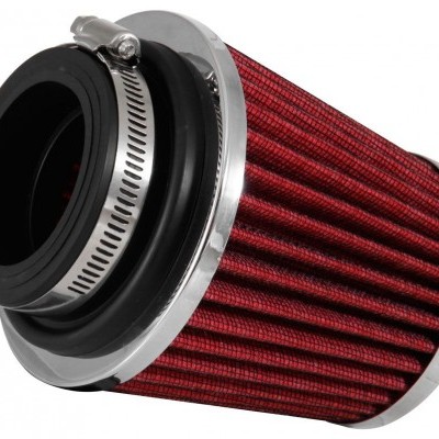 Filtro de ar cónico vermelho com estrutura metálica prateada e anel preto