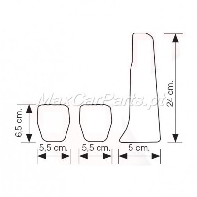 Peças de silicone ou borracha preta com dimensões técnicas em centímetros.