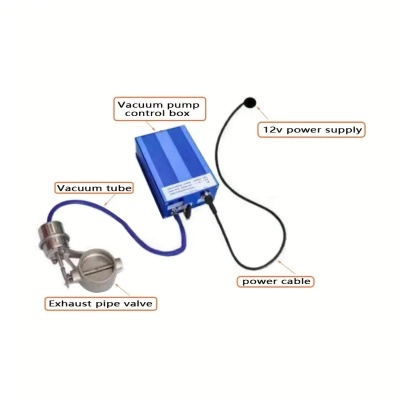 Conjunto com caixa de controlo azul, tubo azul, válvula metálica e cabo de alimentação preto