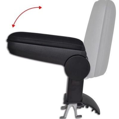 Apoio de braço para automóvel preto com ajuste rotativo e fixação metálica.