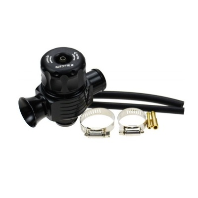 Válvula de alívio preta com acessórios em fundo branco