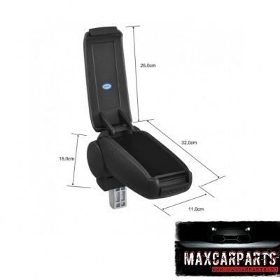 Consola de braço para carro preta aberta com dimensões e logótipo MAXCARPARTS