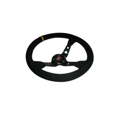 Volante de carro de corrida preto com textura de camurça e marca NARDI no centro