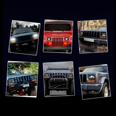 Frente de vários veículos Jeep em diferentes cores e ambientes