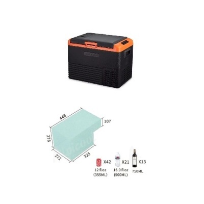 Recipiente refrigerador portátil preto com tampo laranja e diagrama técnico ao lado