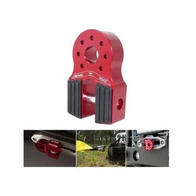 Gancho de reboque metálico vermelho com proteção preta e texto branco