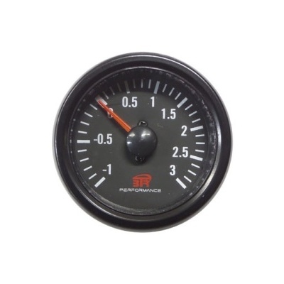 Manómetro redondo preto com escala e texto branco e vermelho