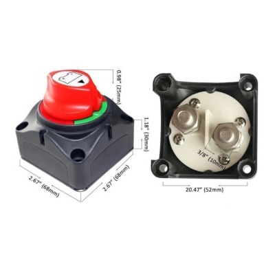 Chave seletora elétrica preta com botão vermelho e terminais metálicos