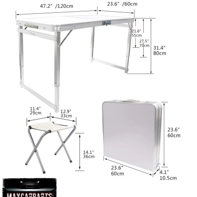 mesa dobrável de alumínio branca com mala de transporte e banco dobrável