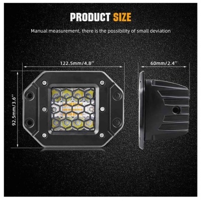 Luz LED retangular preta com grade hexagonal e medidas 122,5mm x 92,5mm x 60mm