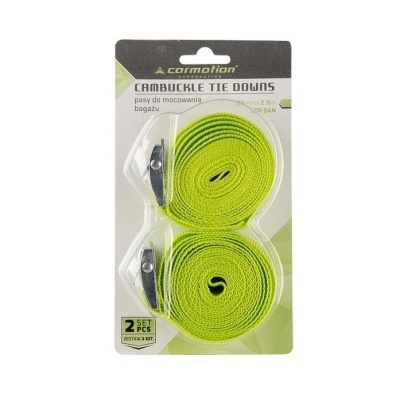 Conjunto de tiras de amarração verdes fluorescentes com fivelas metálicas em embalagem de cartão Carmotion