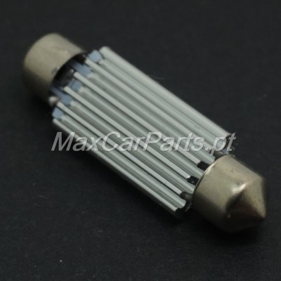 Lâmpada festoon cinza e prata com pontas metálicas em fundo preto