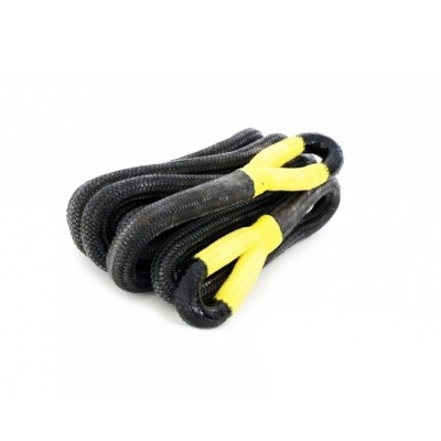 Corda preta trançada com reforços amarelos nas extremidades dobrada
