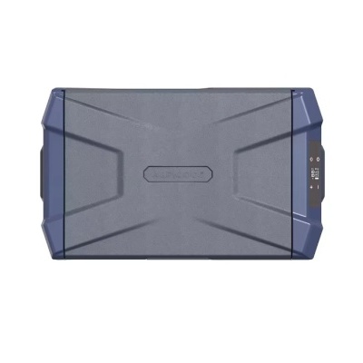 Caixa rígida cinzento com detalhes em azul, para armazenamento