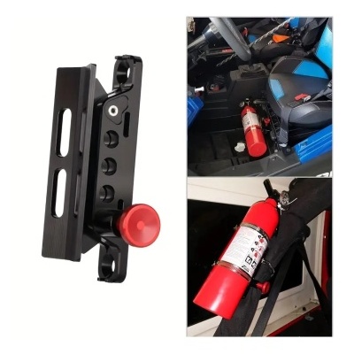 Suporte metálico preto para extintor de incêndio com botão vermelho