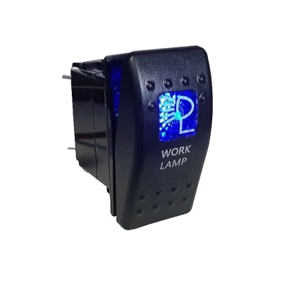 Interruptor preto pequeno com luz azul e texto WORK LAMP